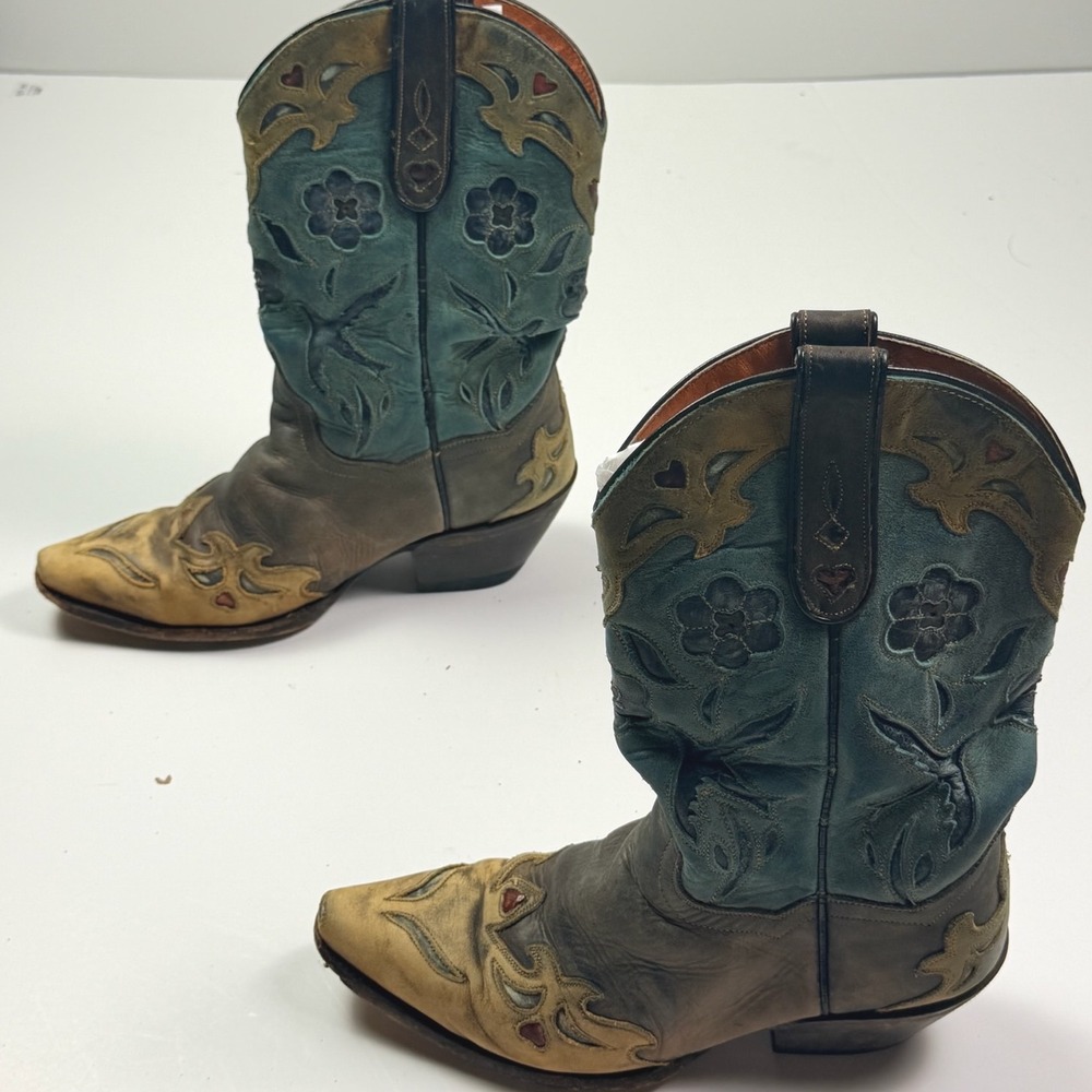 Dan Post Womens 6.5 M Western Boots Teal Brown Leather Floral Heart DP3544